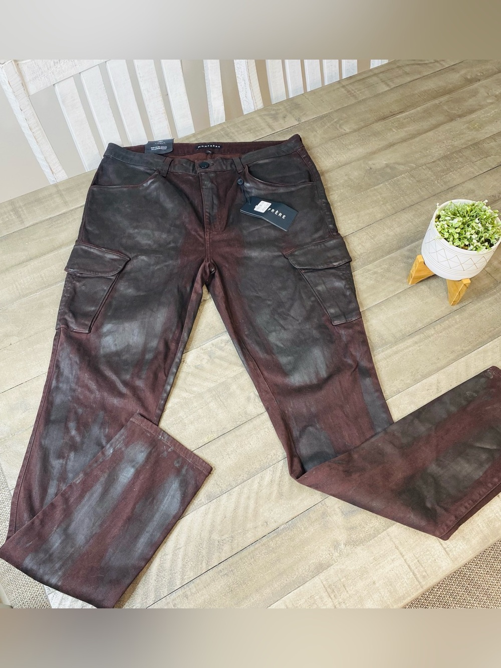 MONFRERE Preston Coated Cargo Pants Slim Fit Vin Espresso Burgundy Red Size 36